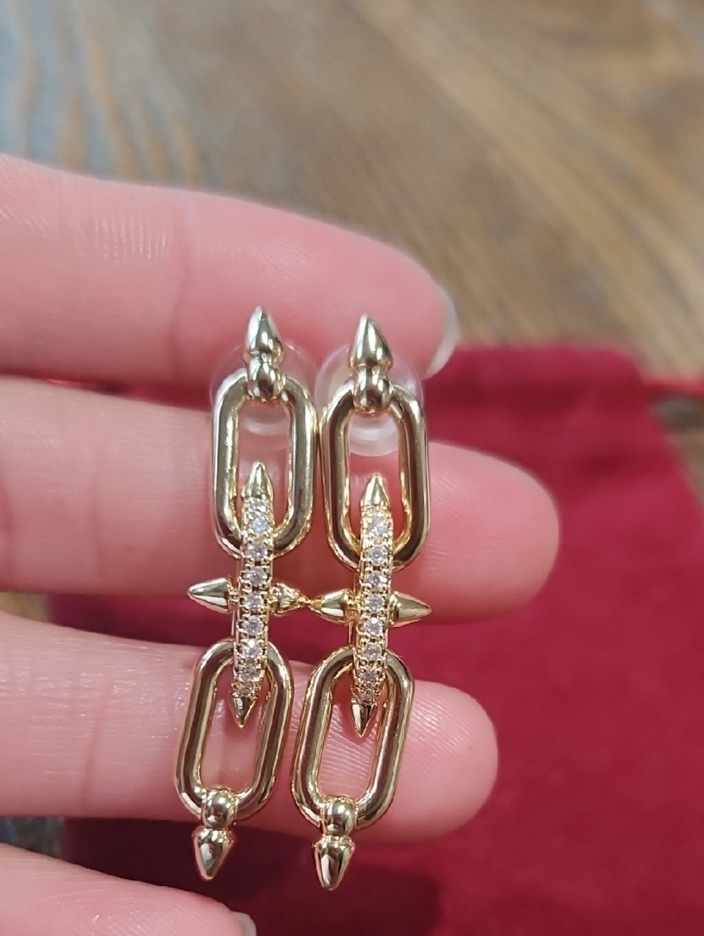 Gold Link Drop Earrings with Pave Accent - Women Jewelry